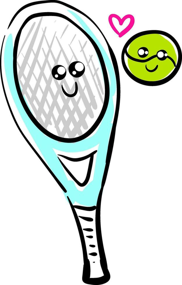 Clipart of the tennis ball and racket in love viewed from the front, vector or color illustration