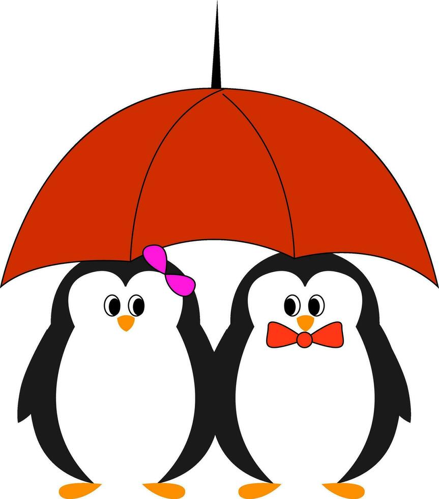 hojas perennes linda y encantador pingüino Pareja debajo el mismo rojo paraguas, vector o color ilustración