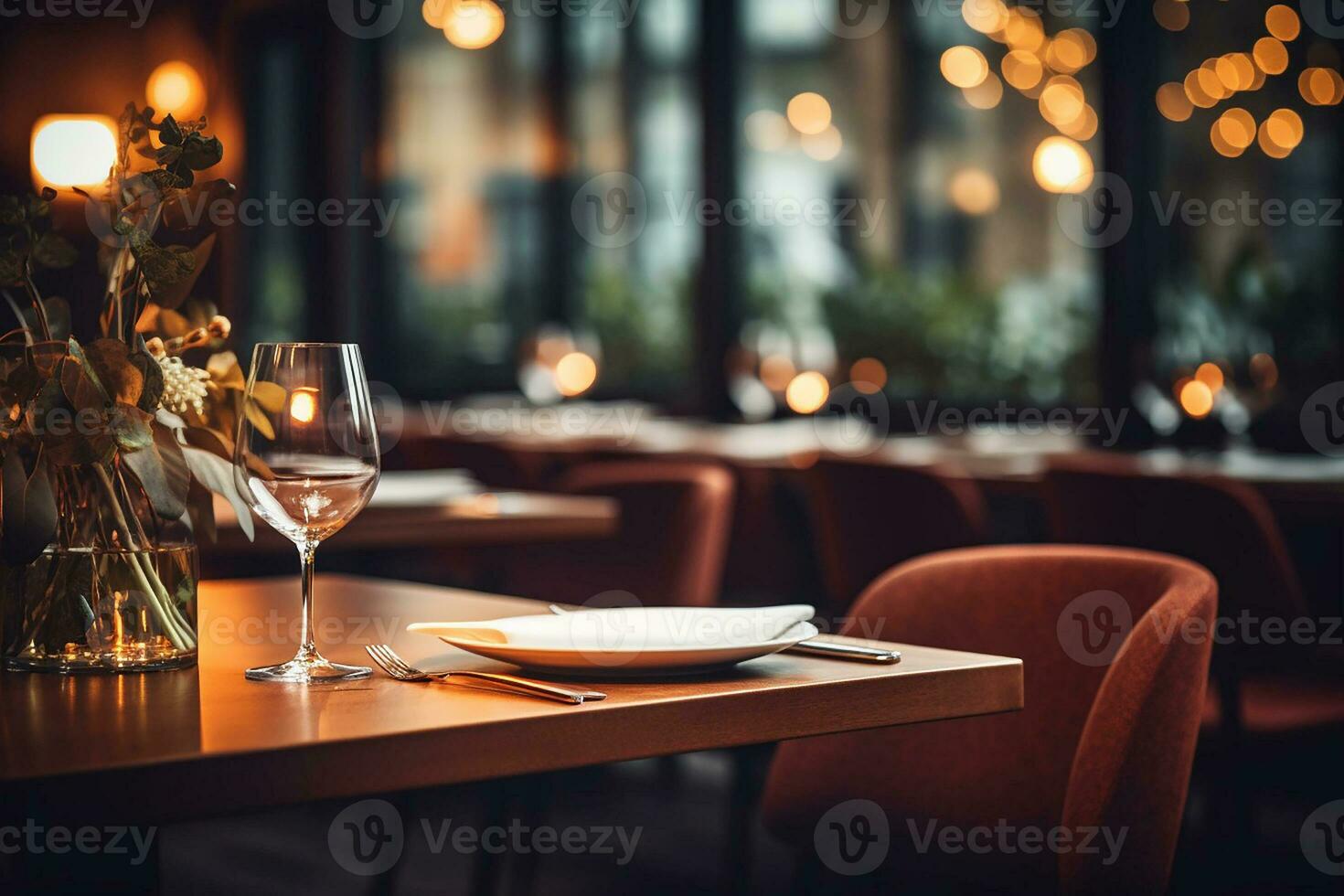 AI generated Elegant Minimalist Table Setting in Upscale Restaurant with Soft Bokeh Background photo