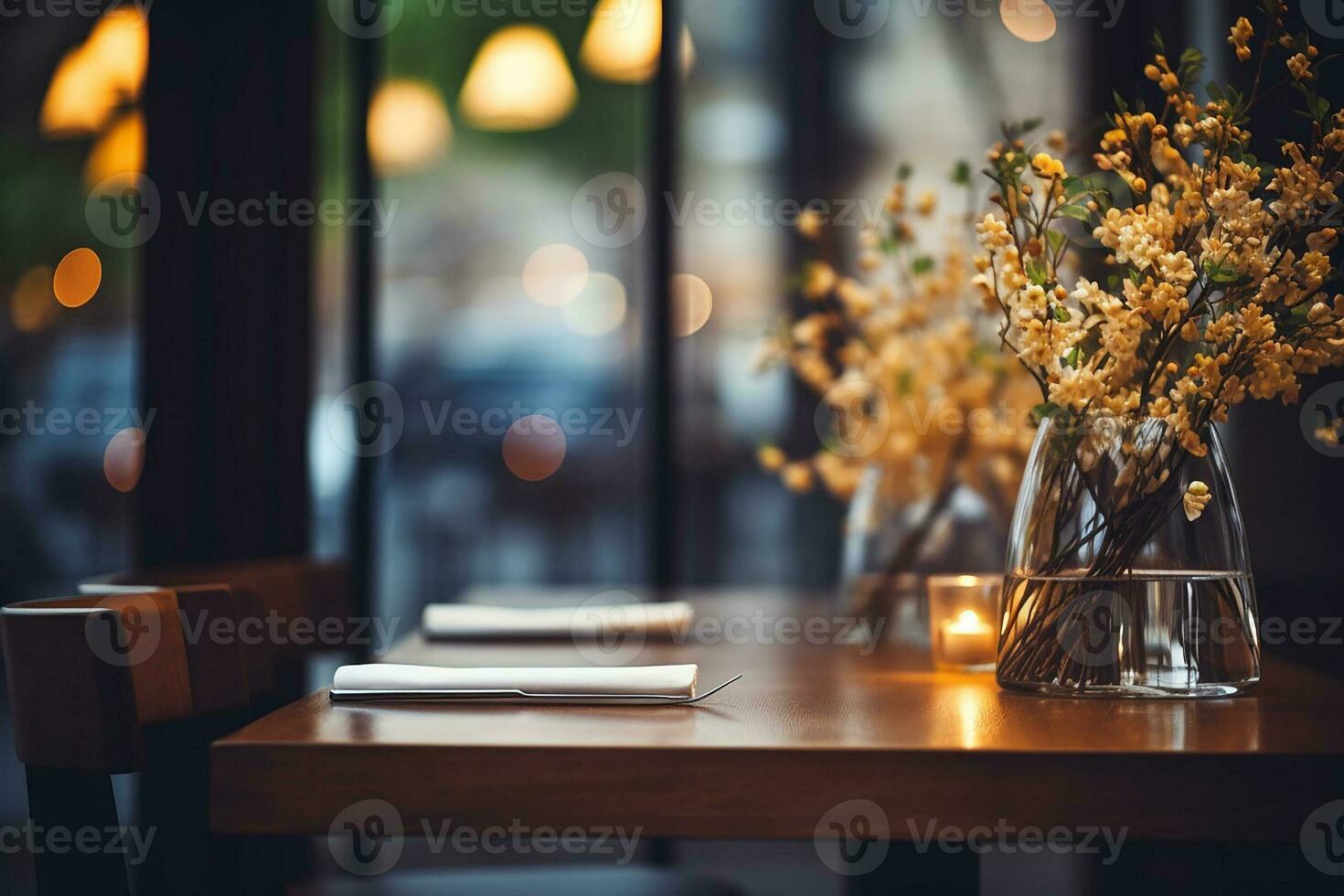 ai generado elegante minimalista mesa ajuste en exclusivo restaurante con suave bokeh antecedentes foto