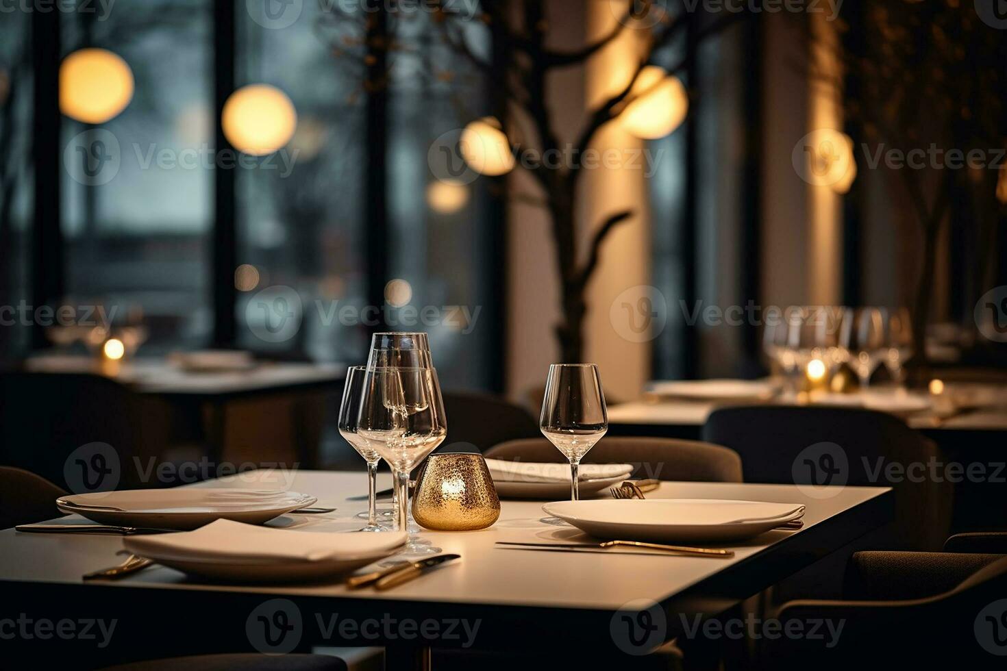 AI generated Elegant Minimalist Table Setting in Upscale Restaurant with Soft Bokeh Background photo