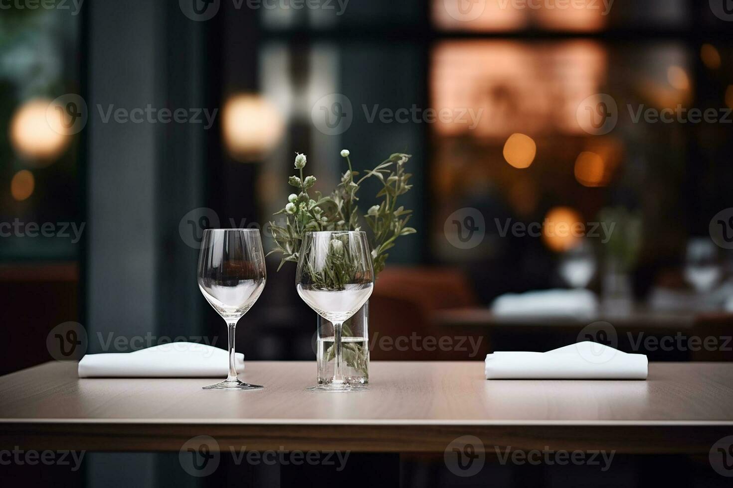 AI generated Elegant Minimalist Table Setting in Upscale Restaurant with Soft Bokeh Background photo