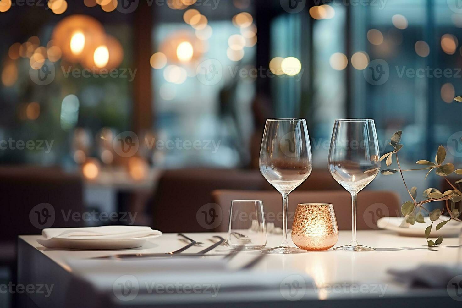 AI generated Elegant Minimalist Table Setting in Upscale Restaurant with Soft Bokeh Background photo