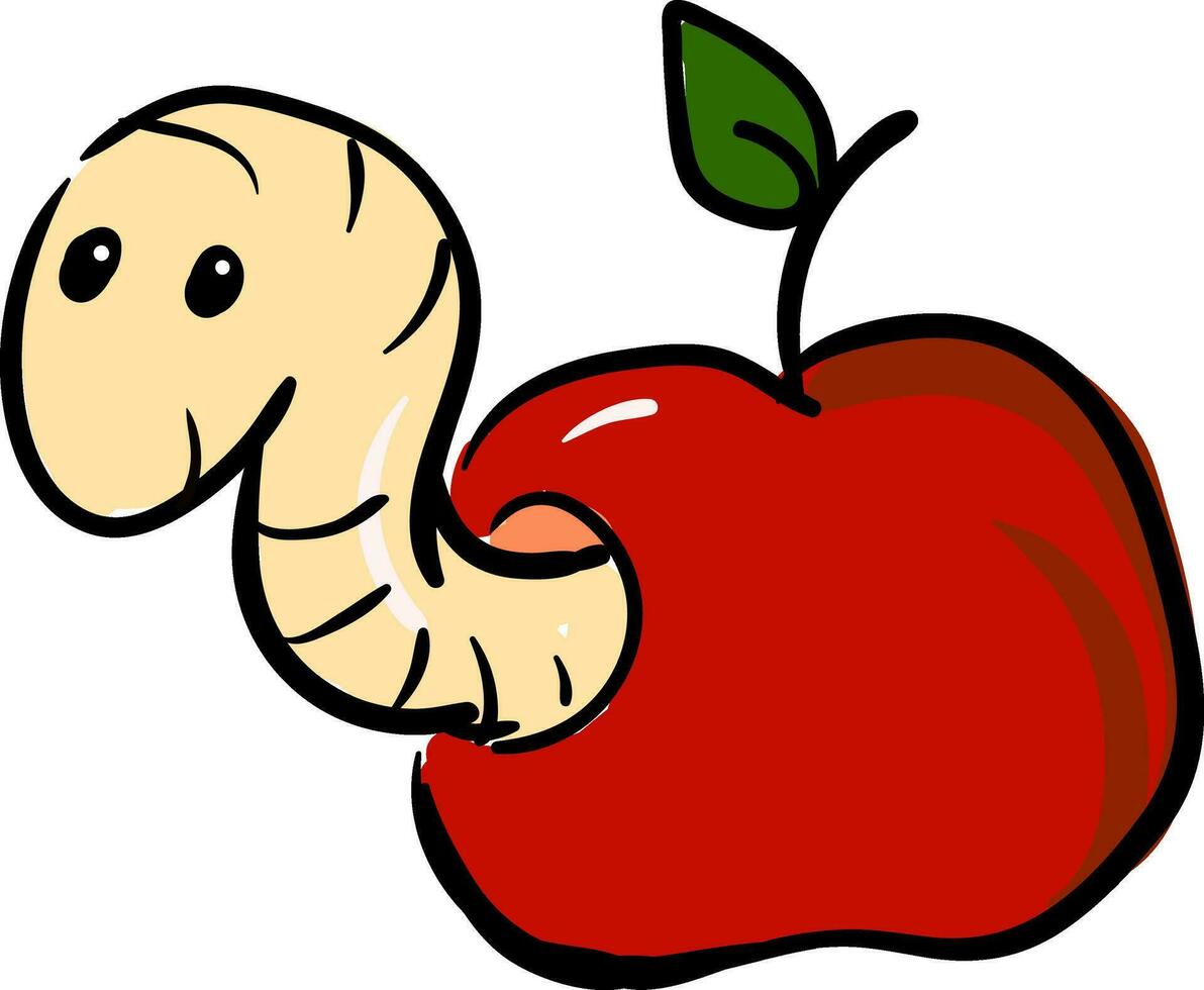 Drawing of a brown worm peeping out of the apple fruit, vector or color illustration