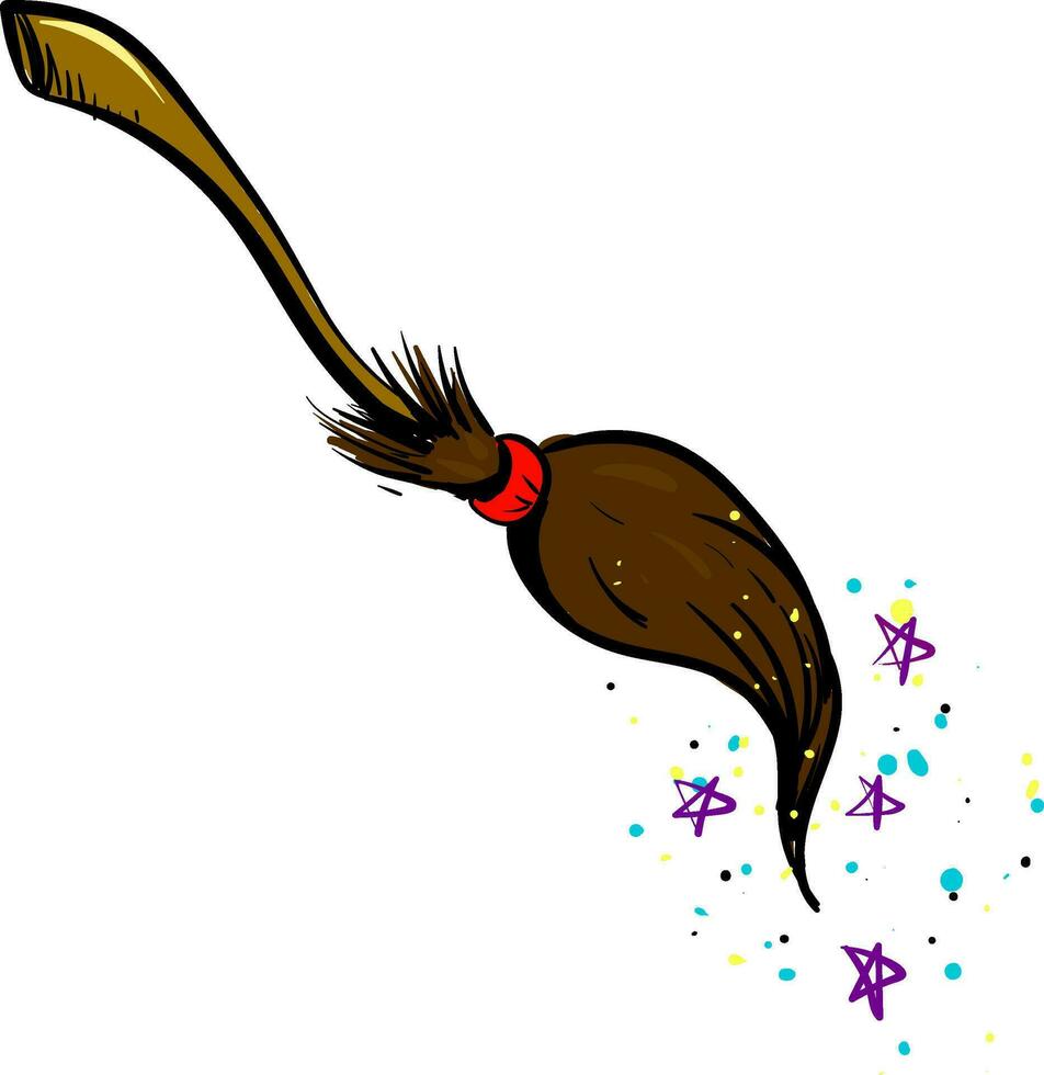 Drawing of the witch broom along with stars and sprinkles that completes the white background, vector or color illustration