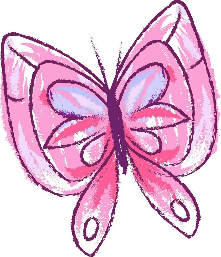 Drawing of a pink butterfly isolated on white background viewed from the front, vector or color illustration