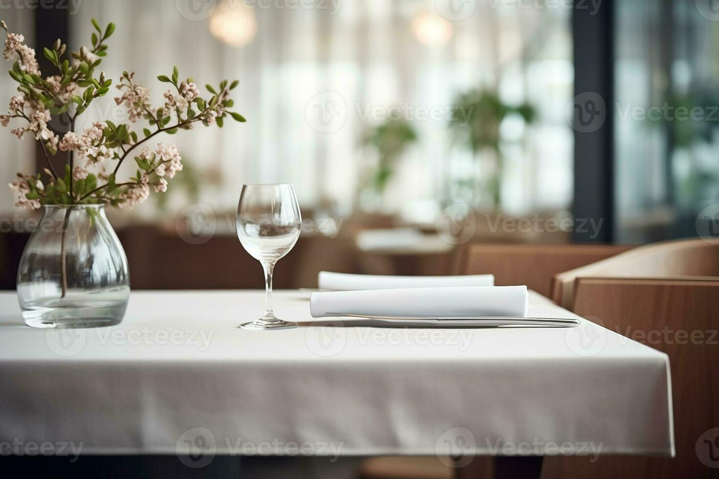 AI generated Elegant Minimalist Table Setting in Upscale Restaurant with Soft Bokeh Background photo