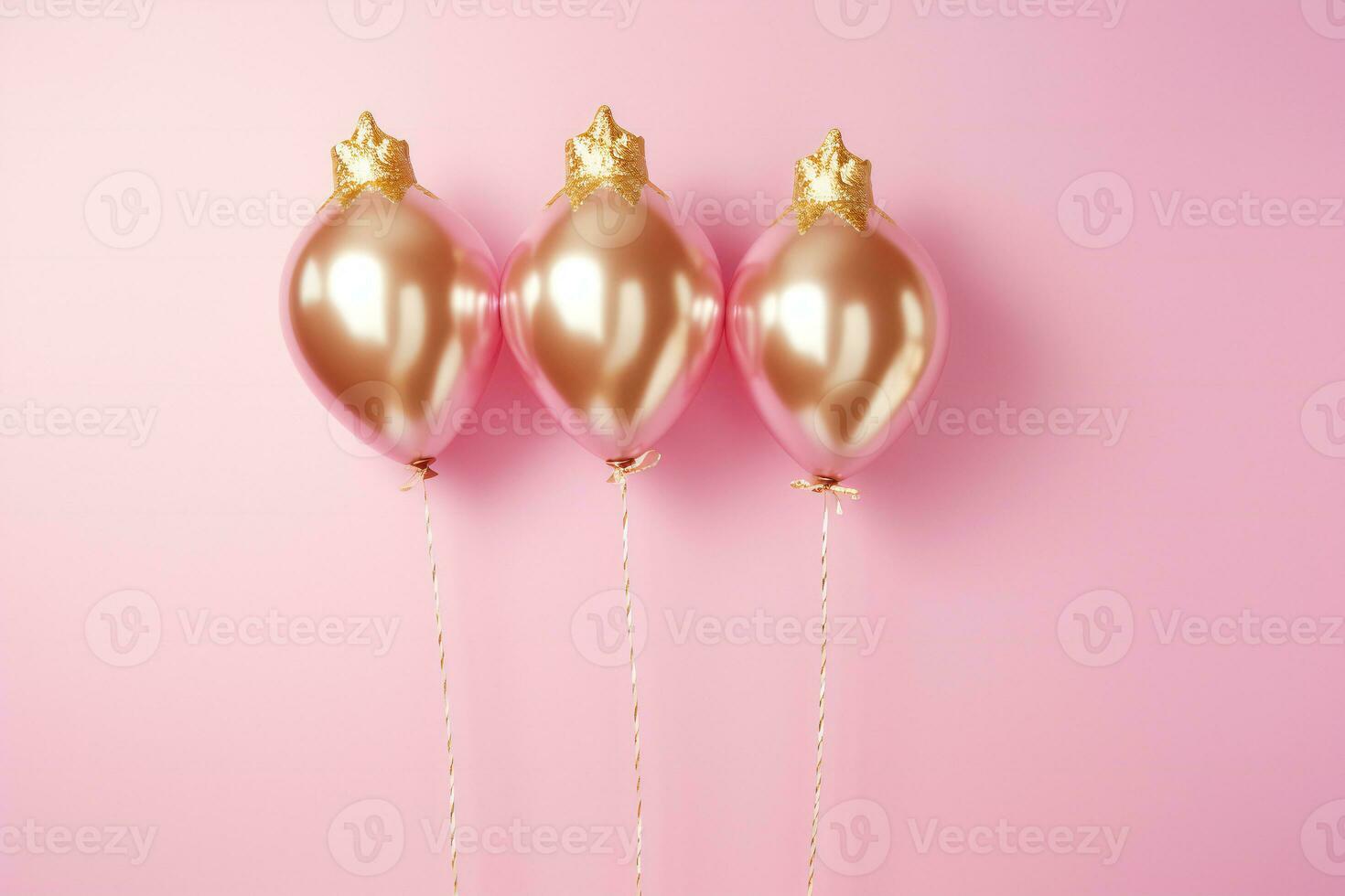 AI generated princess themed birthday party foil balloons with a golden crown on a pastel pink background photo