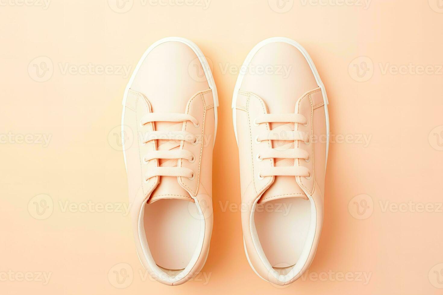 AI generated casual sneakers on a peach fuzz color of the year 2024 backgrround photo
