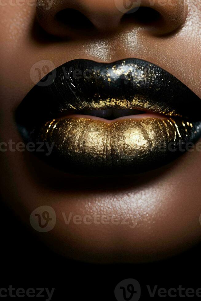 AI generated black womans lips with gold glitter color lipstick close up macro detail, beauty shot photo