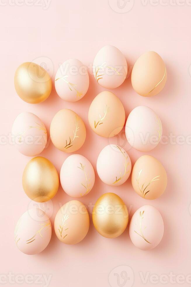 AI generated Easter eggs flat lay in handpainted decorated peach fuzz and gold colors on a pastel peach background photo