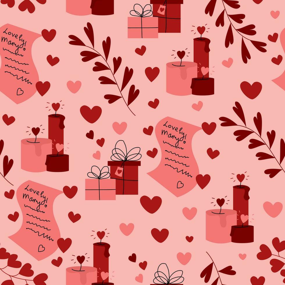 Valentine s Day seamless pattern with hand drawn elements. Background for gift wrapping or fabric design. vector