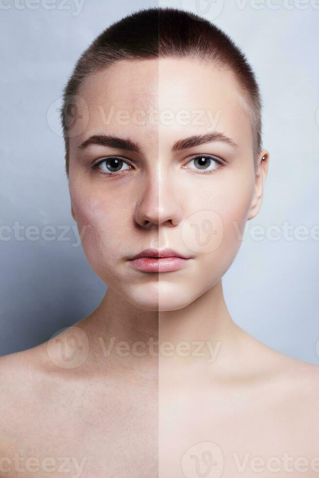 antes de y después cosmético operación. joven bonito mujer retrato foto