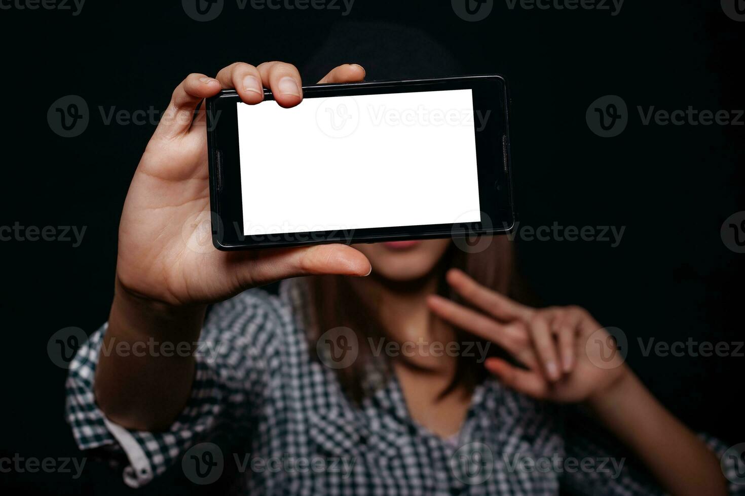 Hipster girl taking picture smartphone self-portrait, screen view photo
