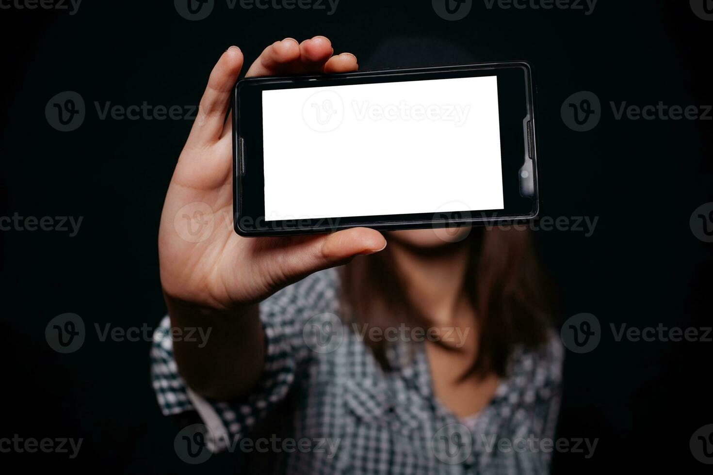 Hipster girl taking picture smartphone self-portrait, screen view photo