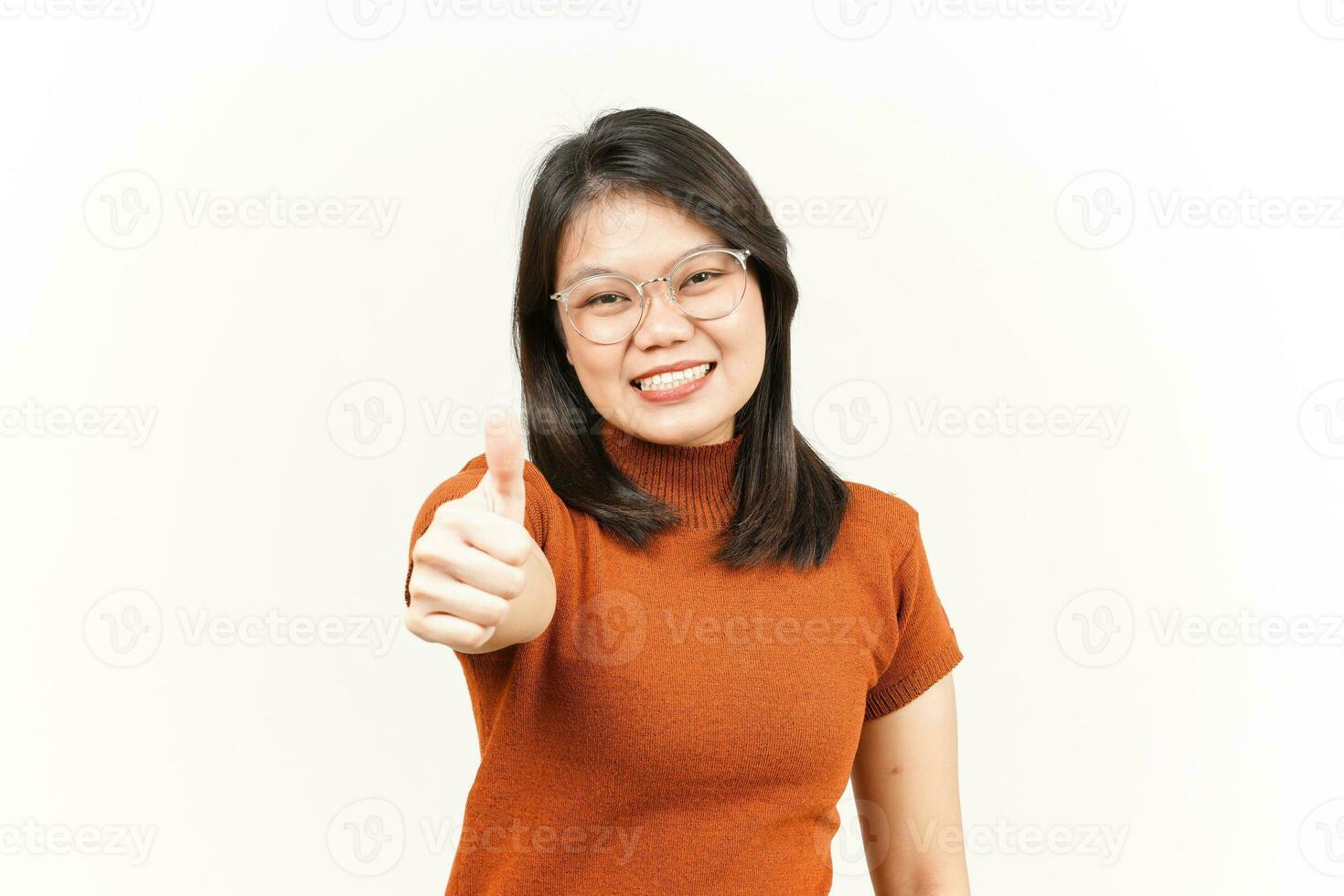 Showing Thumbs up Of Beautiful Asian Woman Isolated On White Background photo