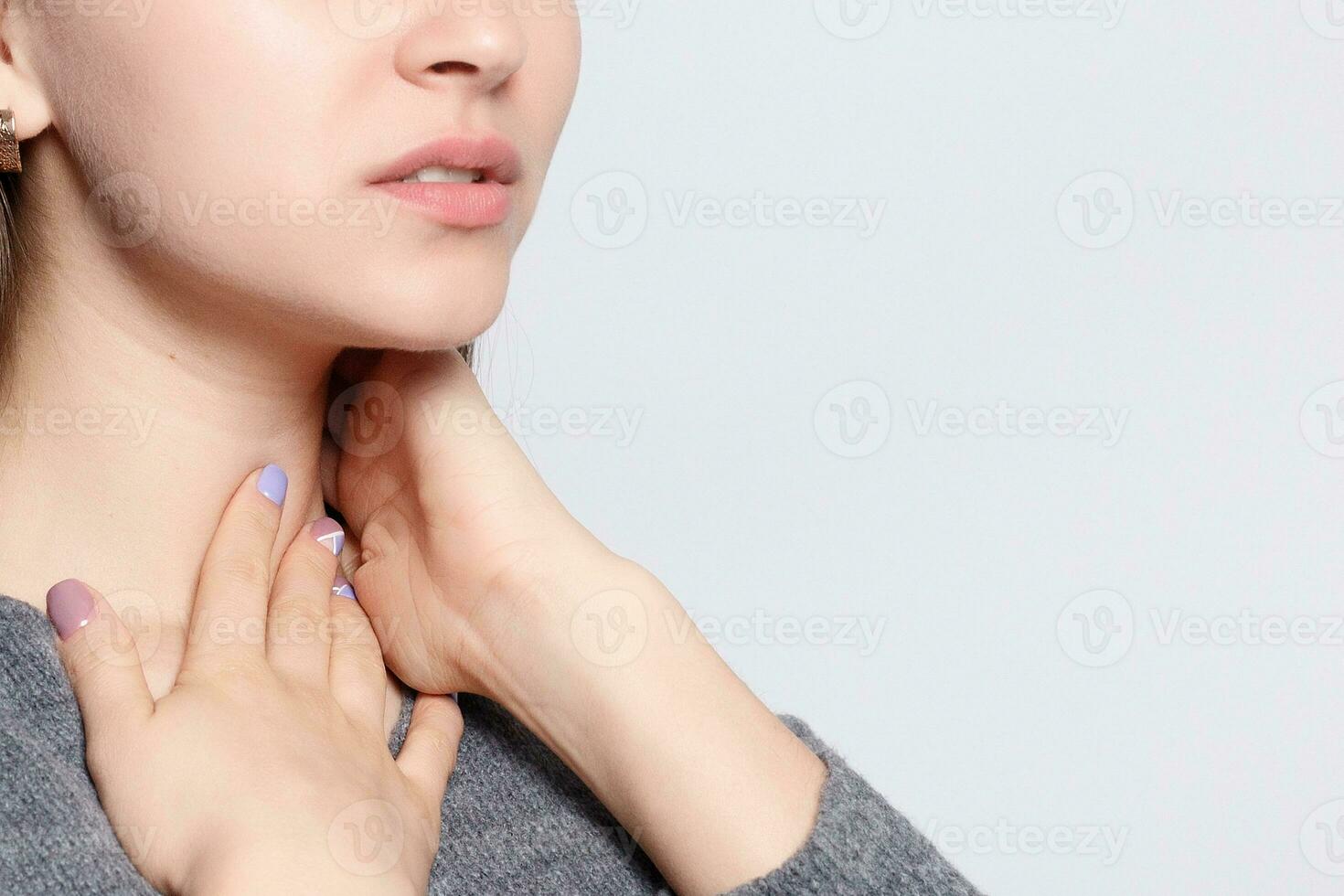 Throat Pain. Closeup Of Sick Woman With Sore Throat Feeling Bad photo