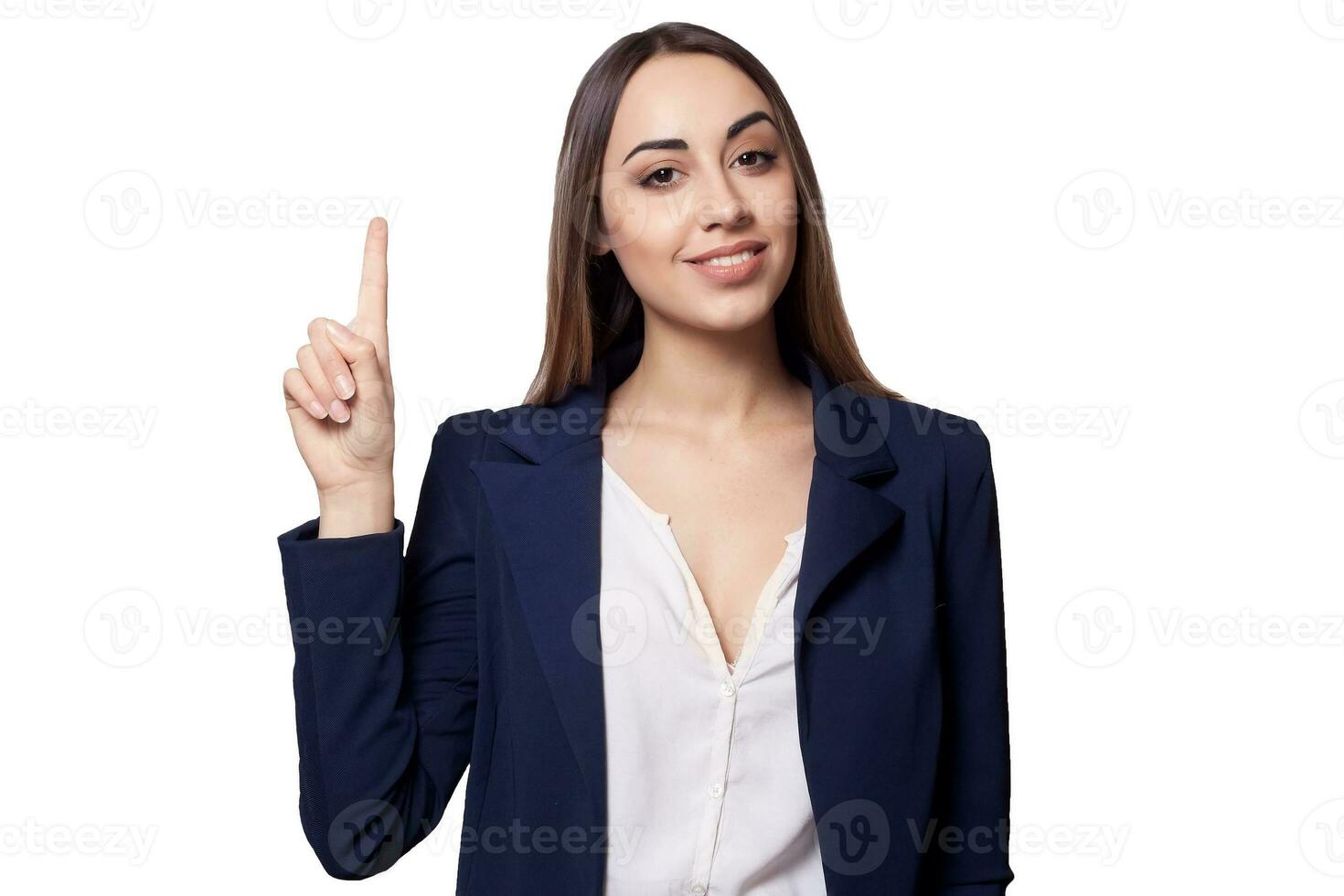 Beautiful business woman with idea white background photo