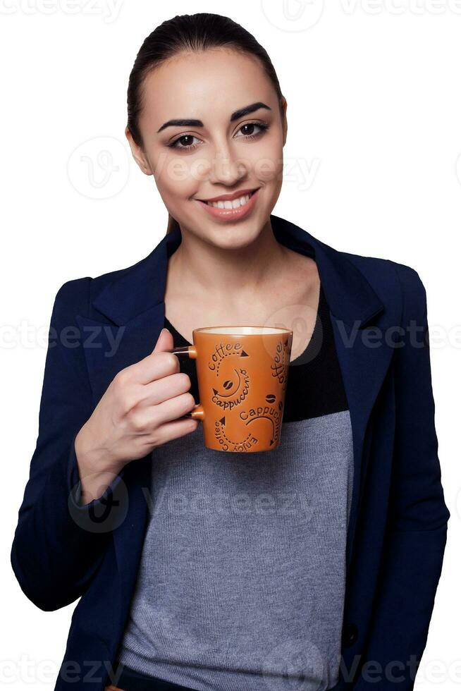 happy smile business woman coffee isolated white background photo
