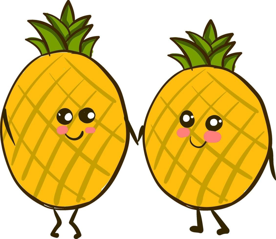 Two love pineapples holding hands, vector or color illustration.