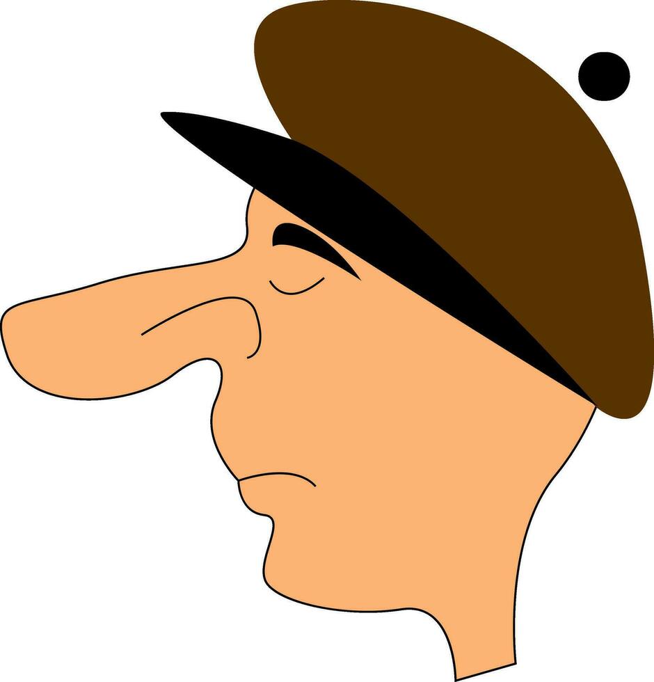 A man with long, big nose wearing cap, vector or color illustration.