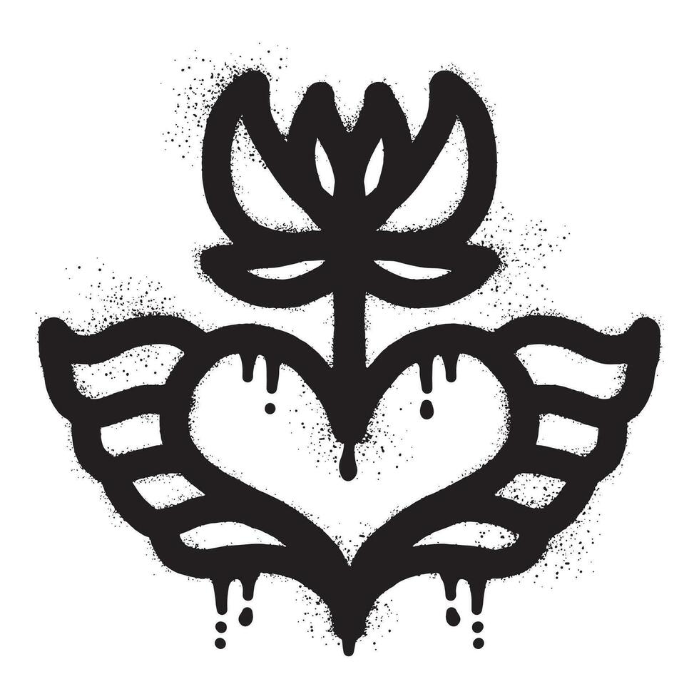 Heart graffiti with wings and roses drawn with black spray paint vector