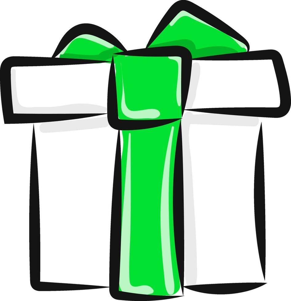 Gift box with green ribbon, vector or color illustration.