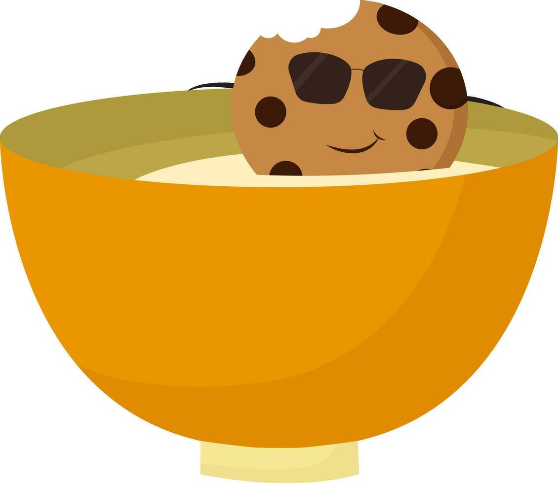 Image of cookie in milk - bowl of milk, vector or color illustration.