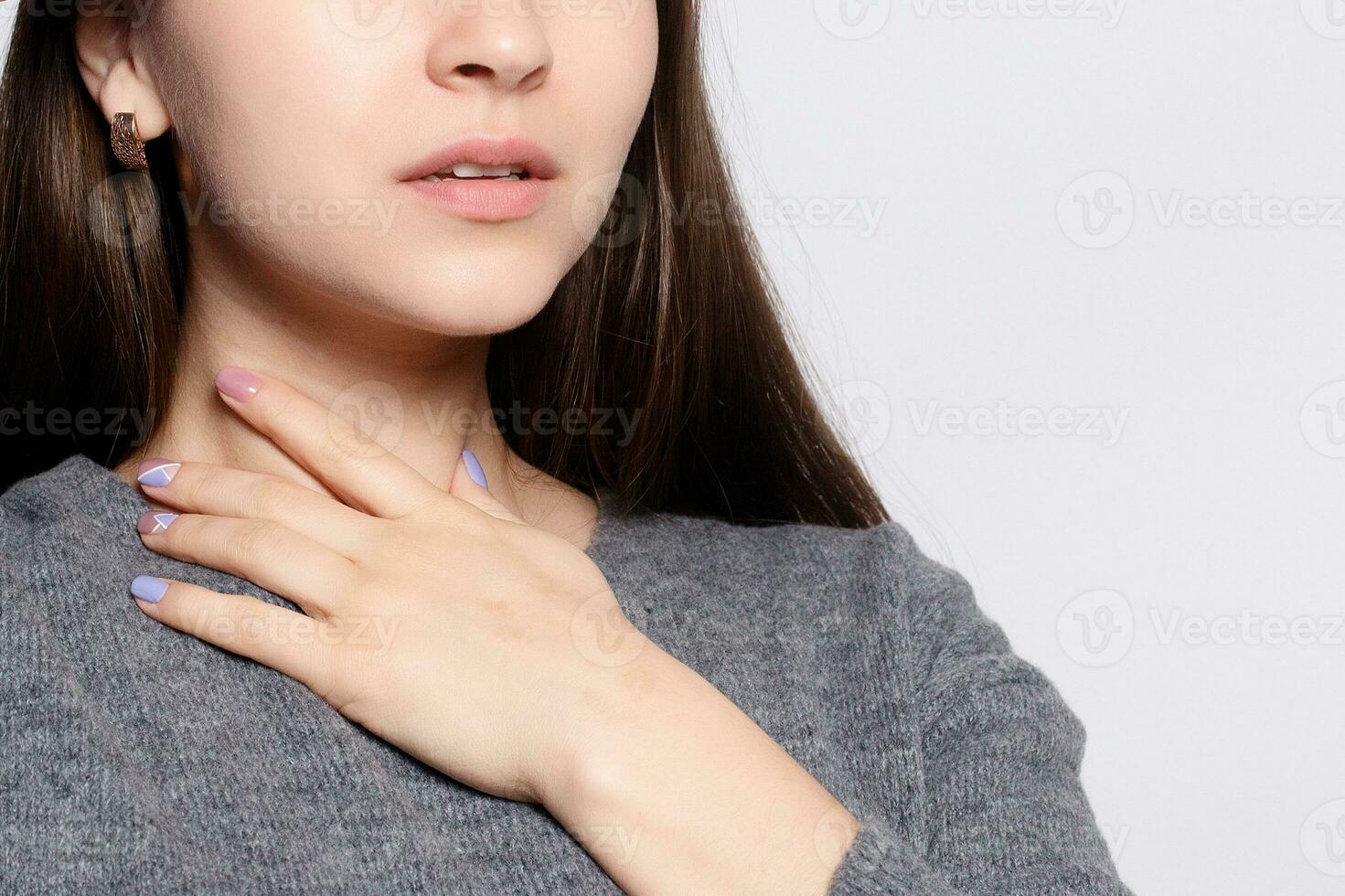 Throat Pain. Closeup Of Sick Woman With Sore Throat Feeling Bad photo