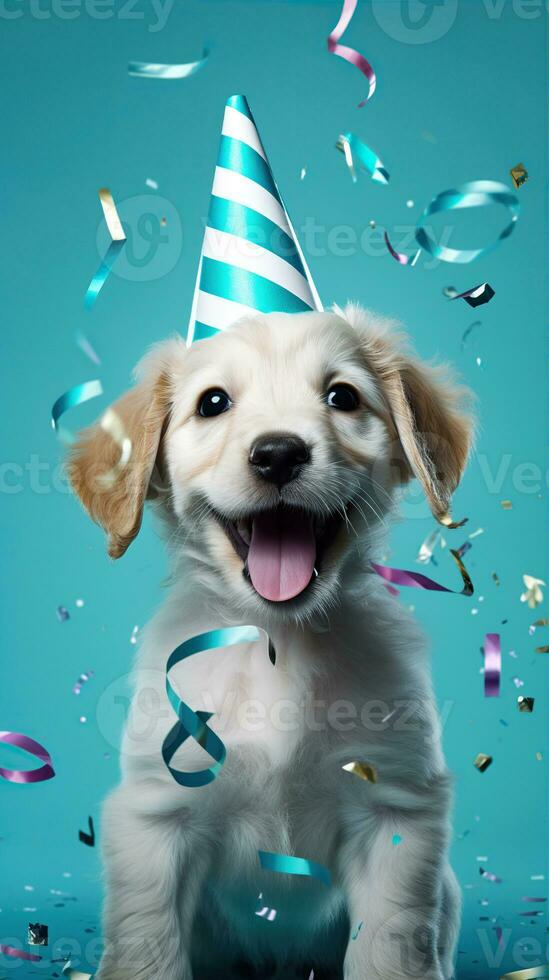 AI generated Happy dog wearing a party hat, celebrating at a birthday party. Generative AI photo