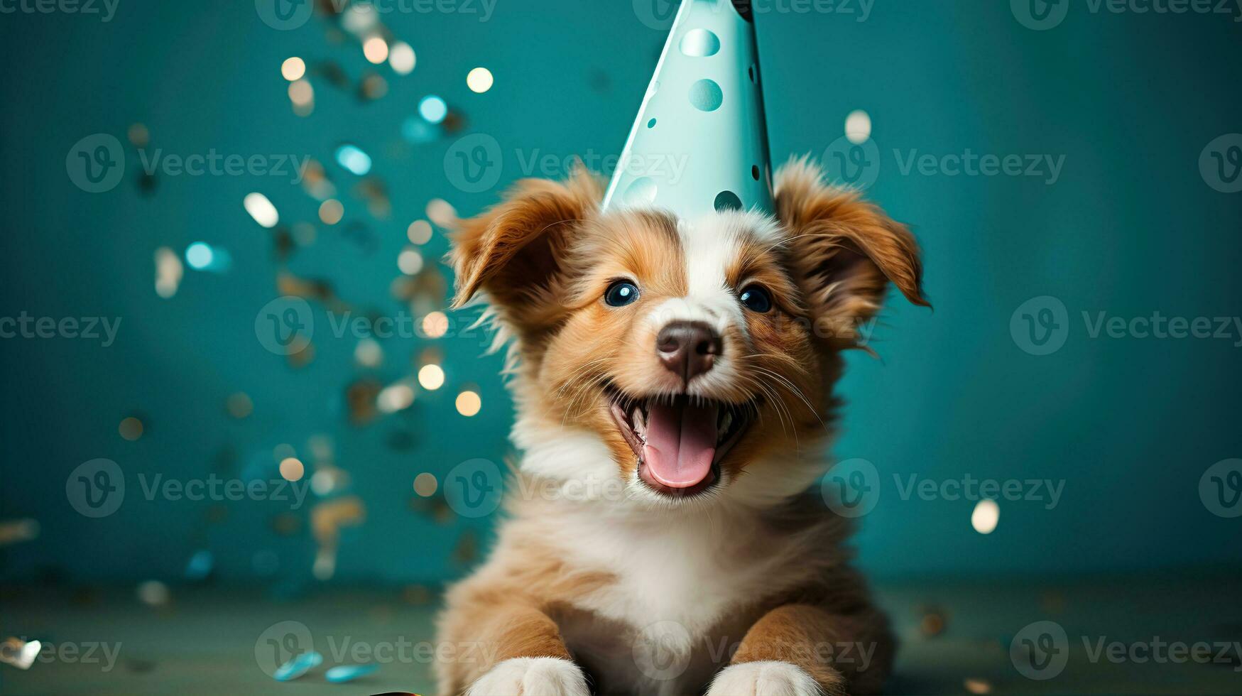 AI generated Happy dog wearing a party hat, celebrating at a birthday party. Generative AI photo