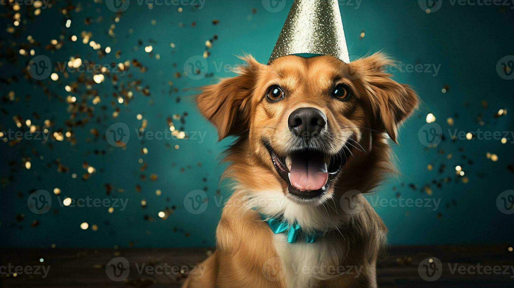 AI generated Happy dog wearing a party hat, celebrating at a birthday party. Generative AI photo