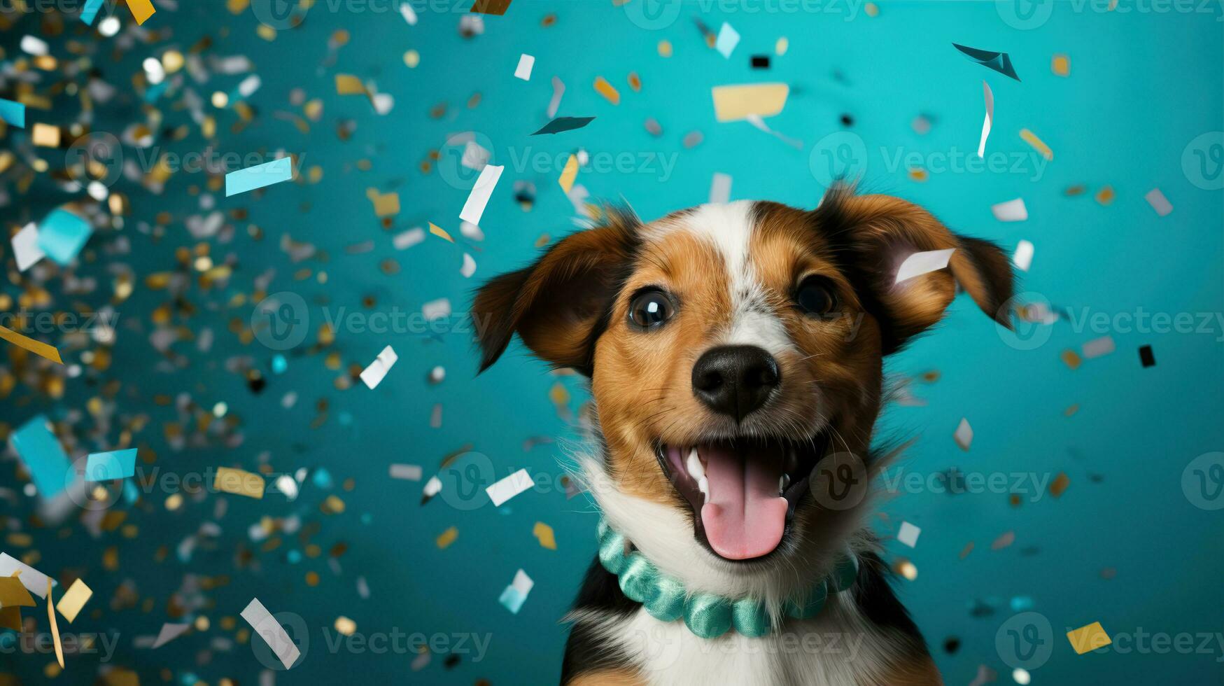 AI generated Happy dog wearing a party hat, celebrating at a birthday party. Generative AI photo