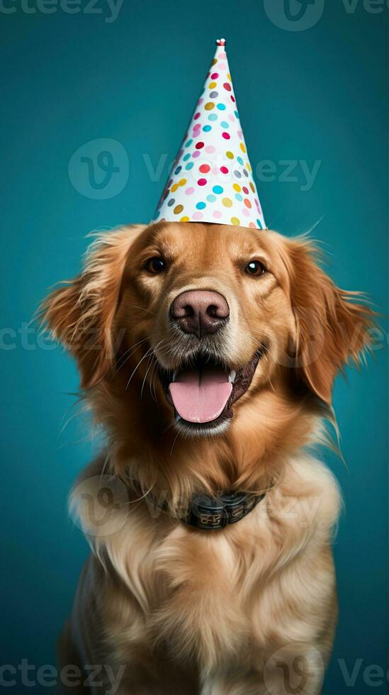 AI generated Happy dog wearing a party hat, celebrating at a birthday party. Generative AI photo