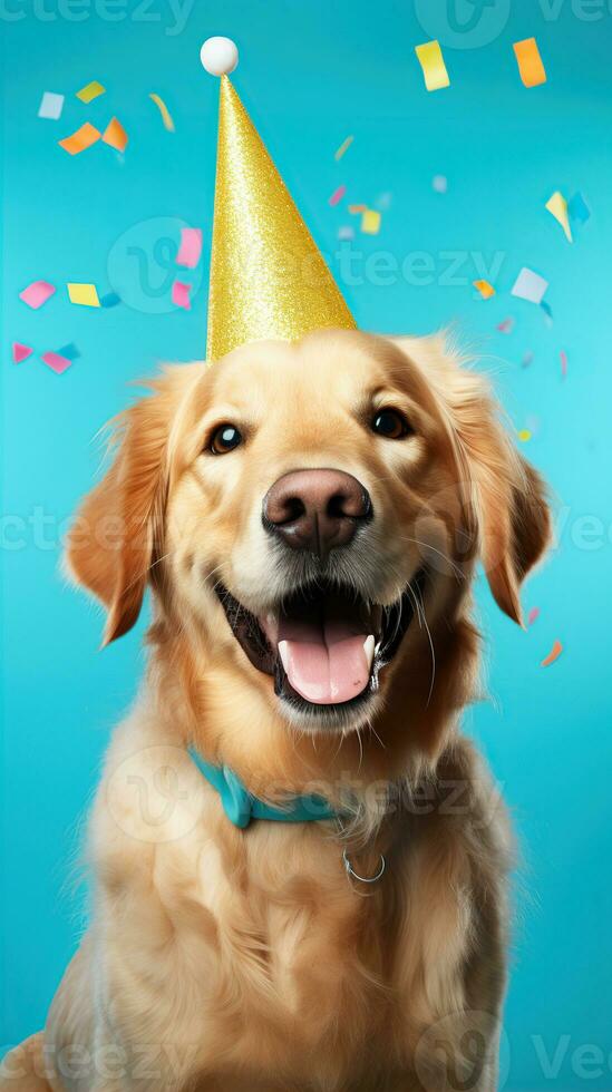 AI generated Happy dog wearing a party hat, celebrating at a birthday party. Generative AI photo