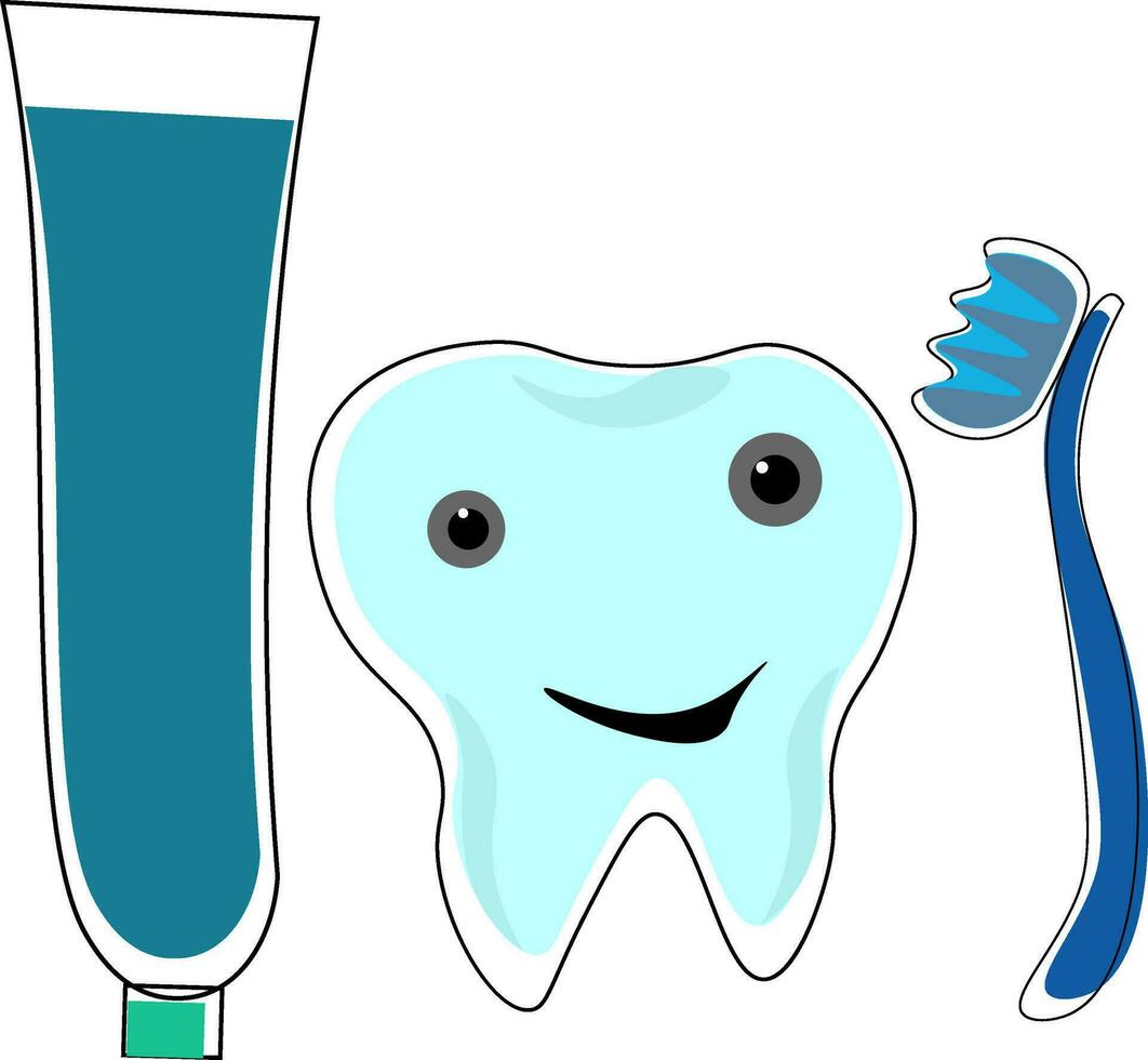 Clipart of a tooth emoji along with a tooth brush and a tooth paste vector or color illustration