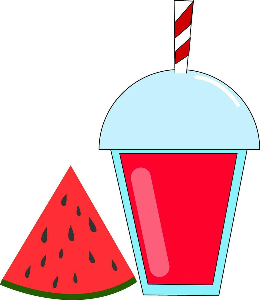 Watermelon juice in a disposable plastic red party cup with lid and straw and a wedge watermelon vector or color illustration