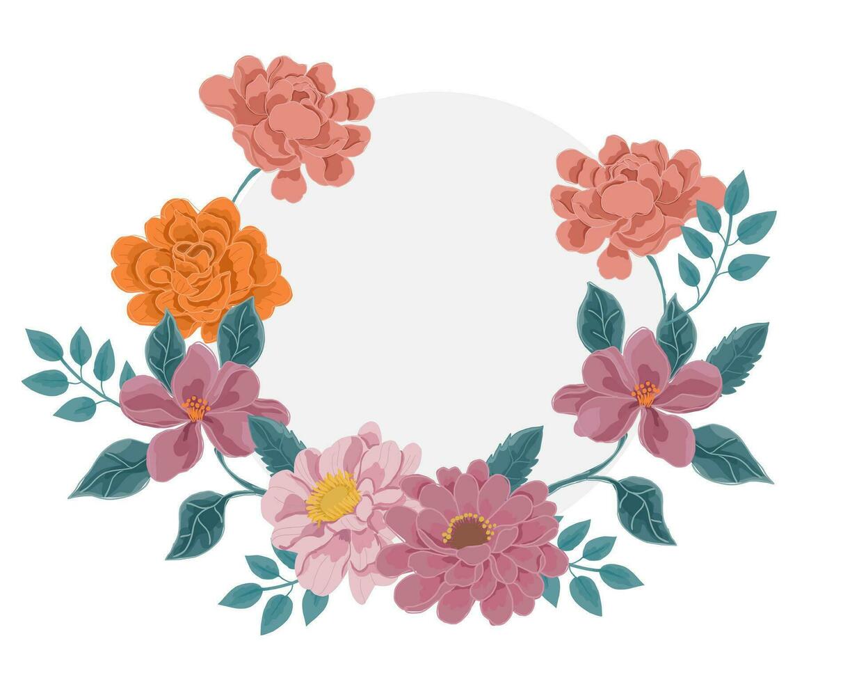 Hand Drawn Rose and Magnolia Flower Wreath vector