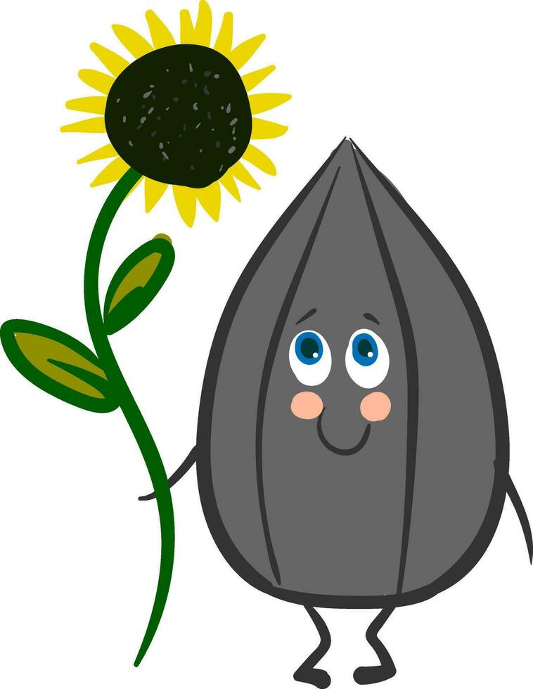 Emoji of a smiling seed holding a sunflower vector or color illustration