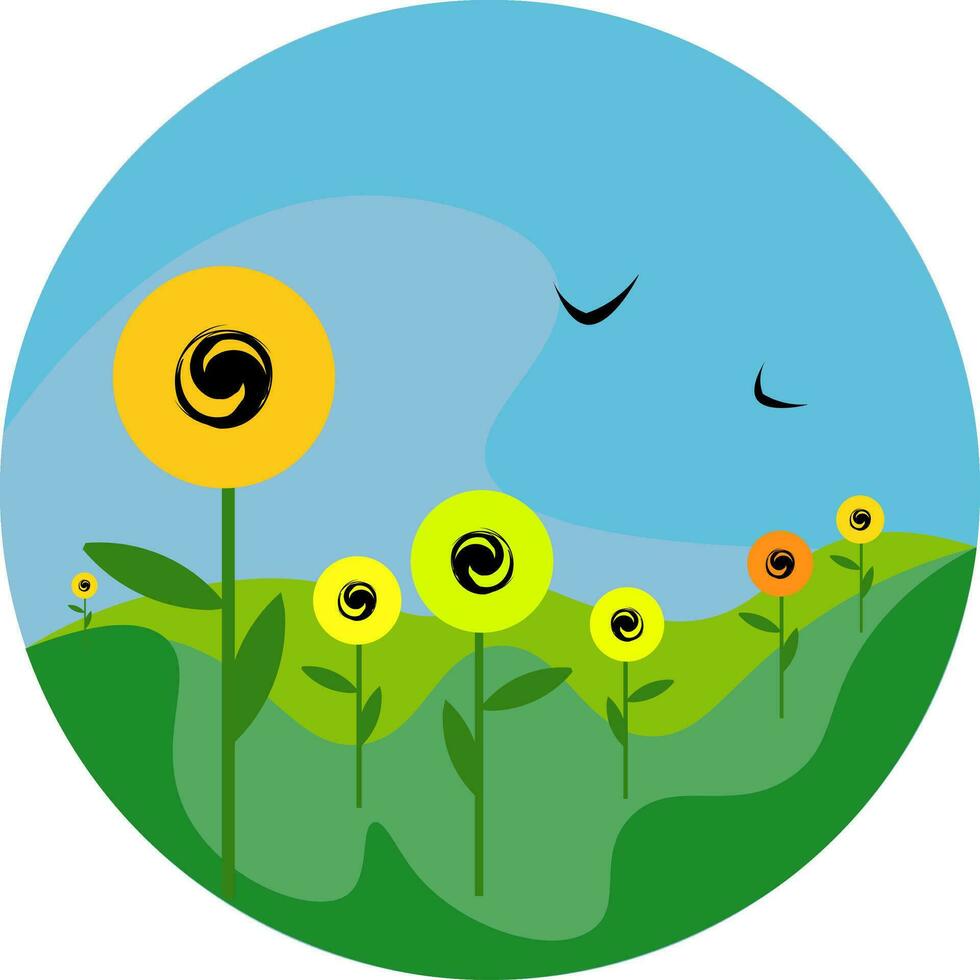 Portrait of sunflowers in a field vector or color illustration