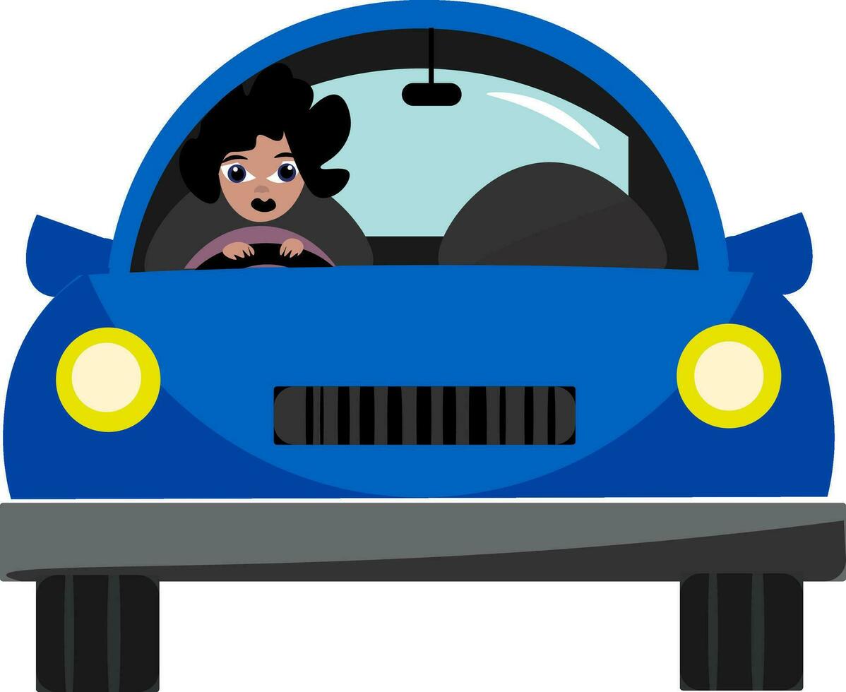 A woman driving blue colored car , vector or color illustration.