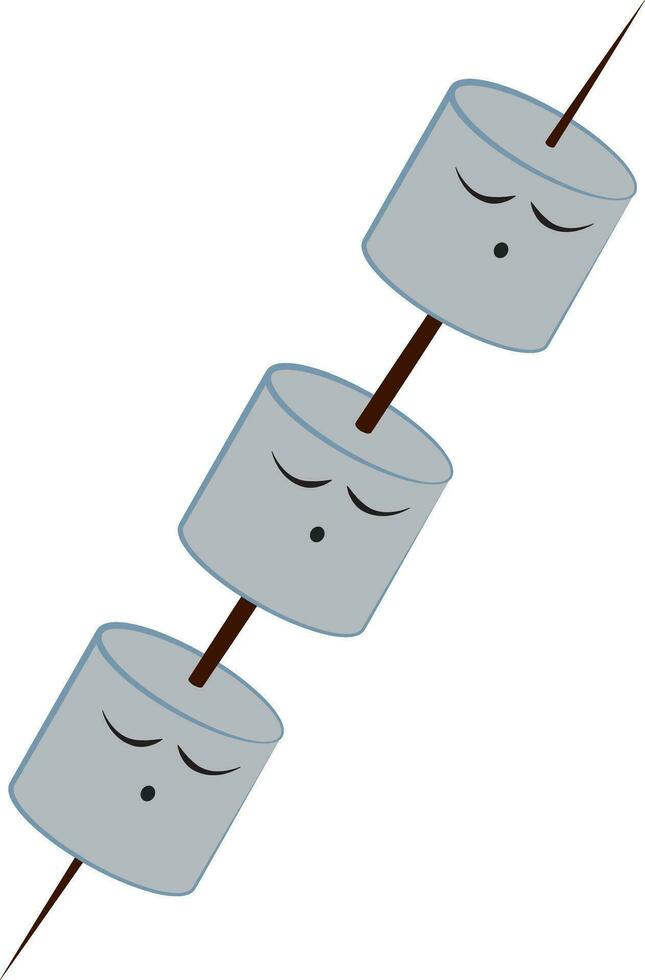 Three marshmallow in single black stick, vector or color illustration.