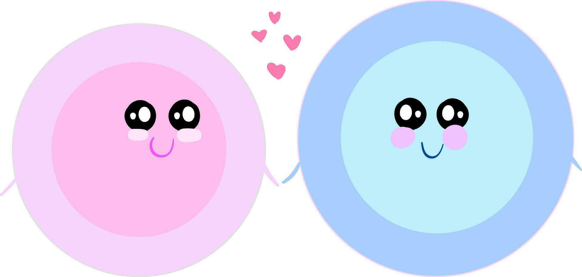 Painting of two love plates centered with pink hearts set on isolated white background vector or color illustration