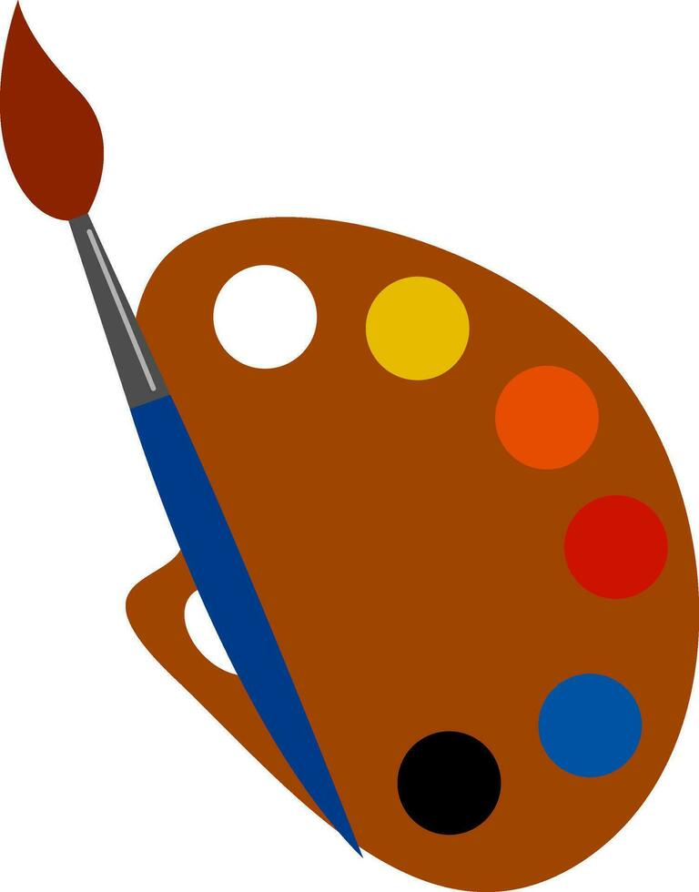 Cartoon picture of a palette holding multiple paints and a brush vector or color illustration