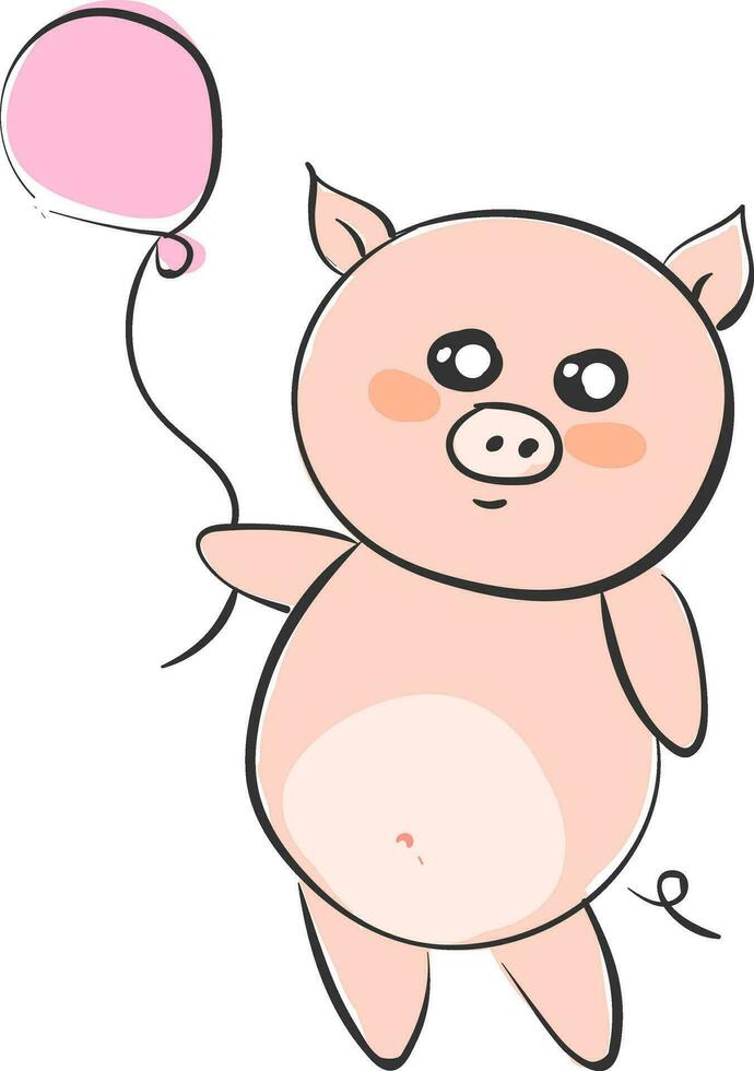 Drawing of a cartoon pig holding a pink balloon vector or color illustration