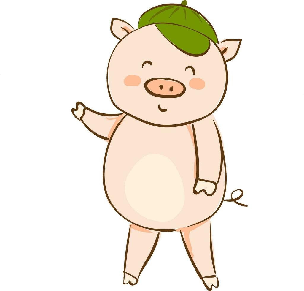 Drawing of a cartoon pig in a green summer cap waving his hand vector or color illustration