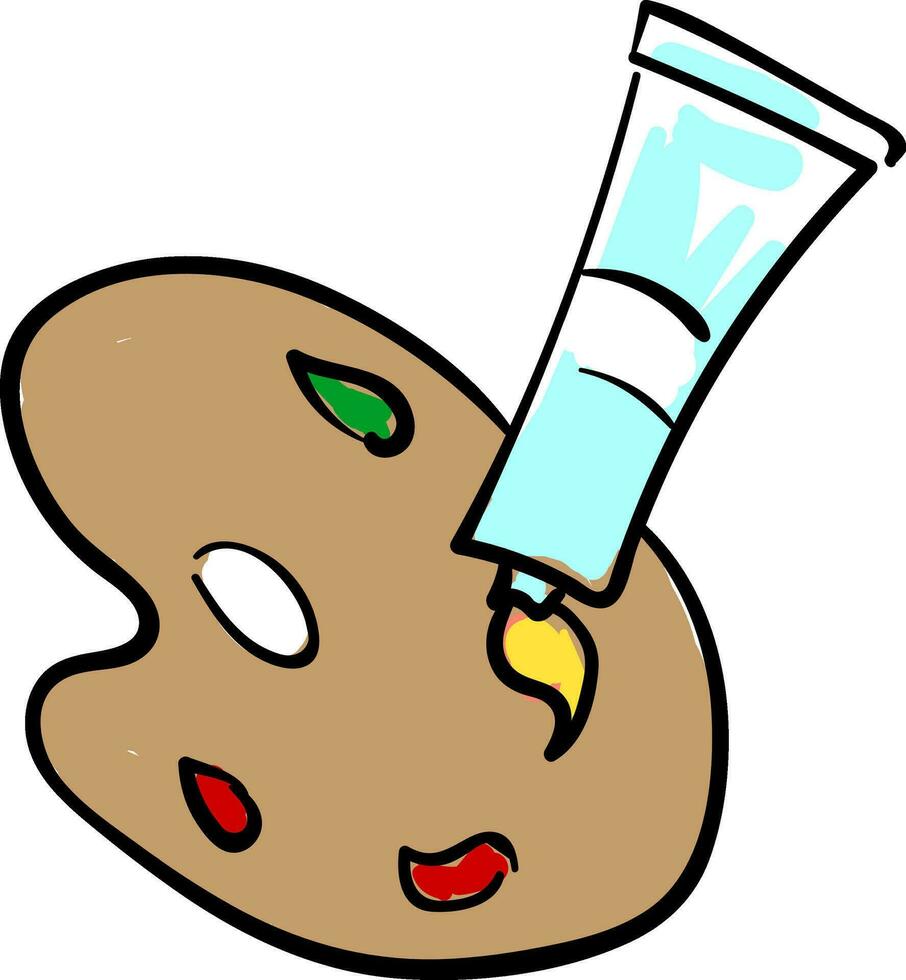 Cartoon picture of a palette holding multiple paints and a tube that trips yellow paint vector or color illustration