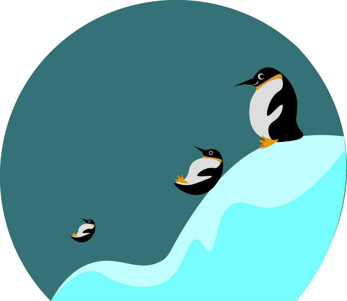 dibujos animados imagen de Tres pingüinos corredizo y jugando en el hielo vector o color ilustración