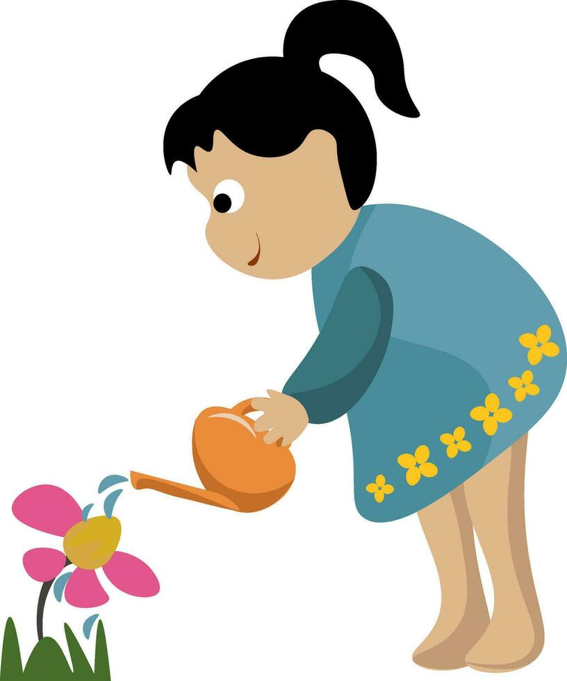 Portrait of a small girl watering the flowers in the garden vector or color illustration