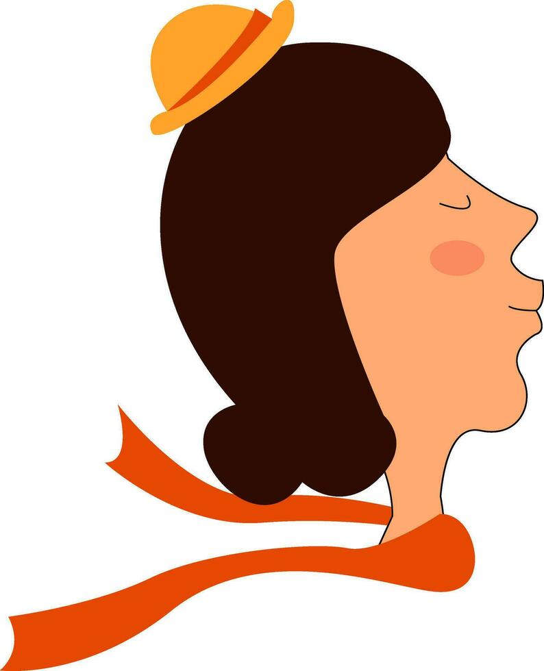 Portrait of a young woman in a small orange hat isolated on white background viewed from the side vector or color illustration